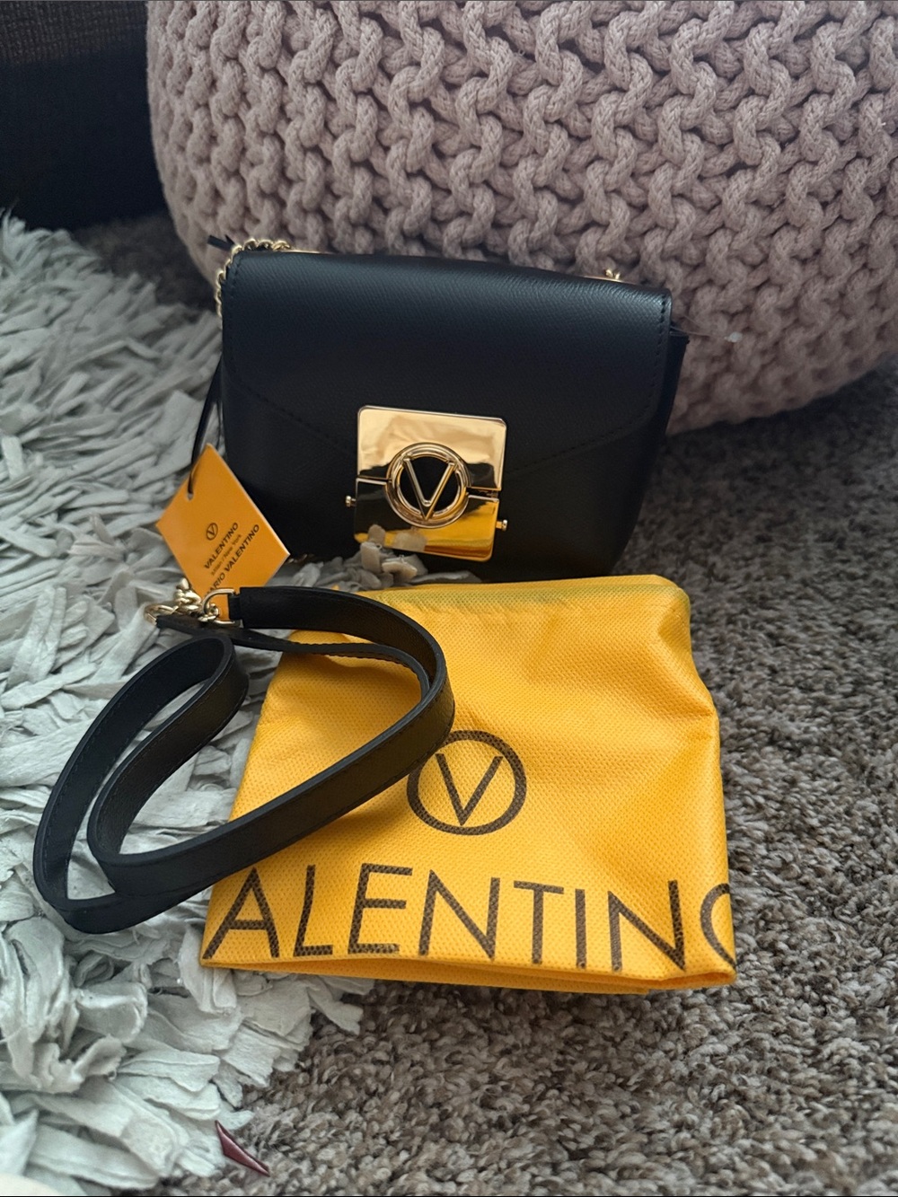 Valentino Black Leather Crossbody with Gold V-Clasp